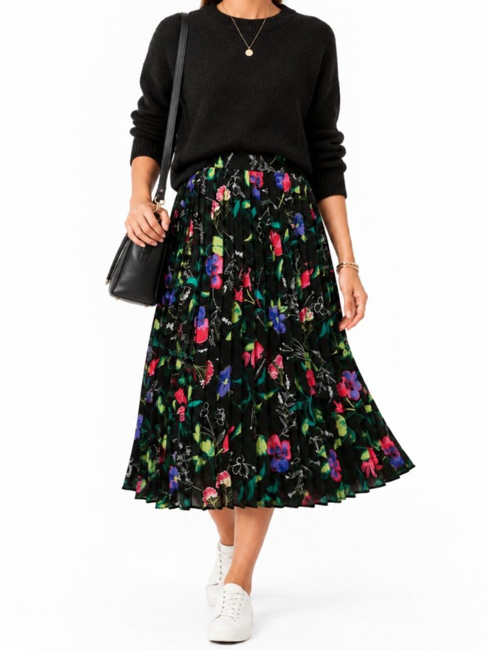 Black Bright Floral Pleated Midi Skirt | Y2K Whimsigoth Indie Sleaze [size 16p]